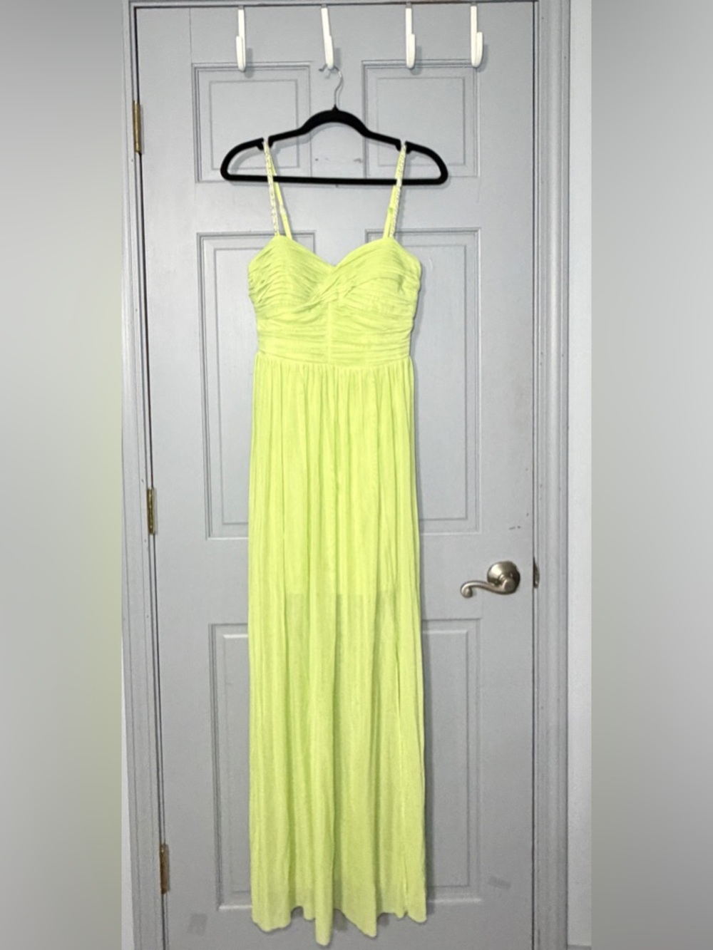 Lipsy London Neon Green Ruched Maxi Dress Pearl Strap Tulle Prom 6 see dscrptn